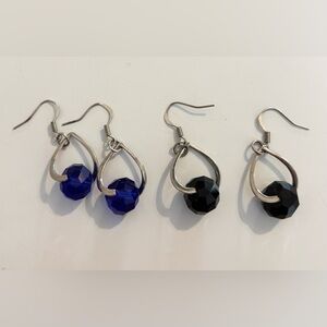 3 for $20 Set of 2 Teardrop Bead Earrings | Cobalt Blue & Onyx Black Silver Tone